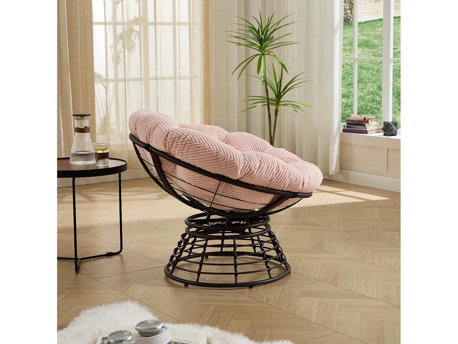 Fauteuil pivotant Papasan avec assise ronde de 92 cm, coussin épais et structure acier