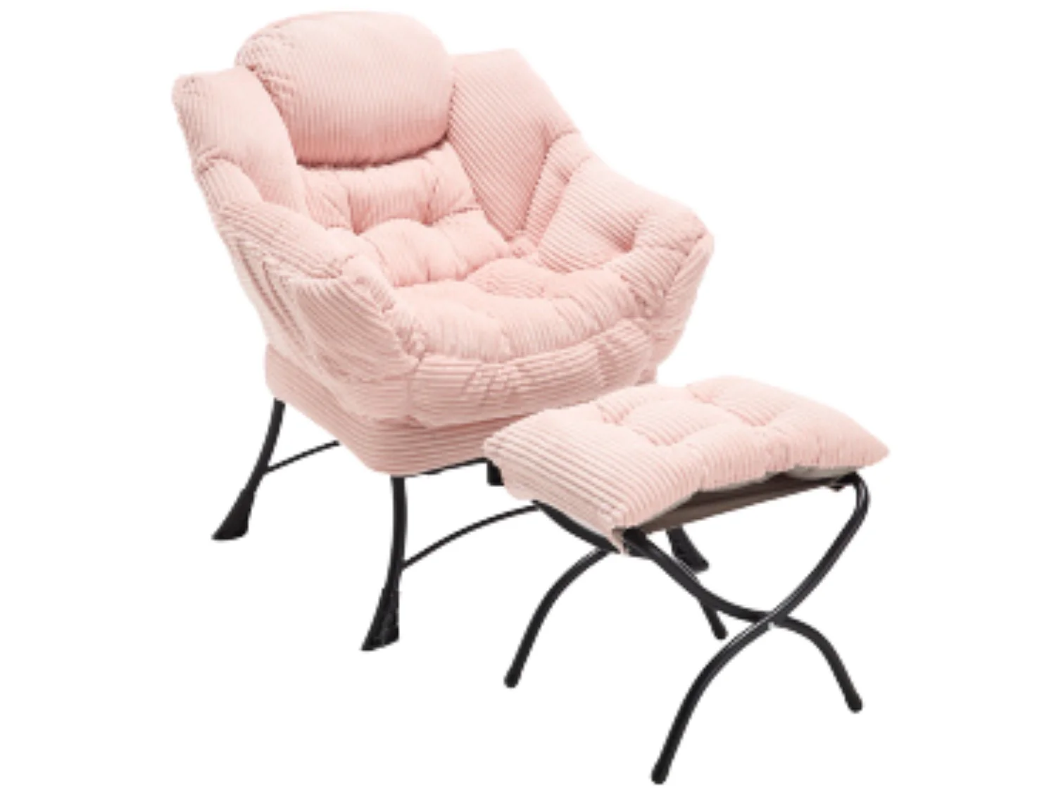 Fauteuil lounge en flanelle avec repose pieds, poche latérale et structure acier noire
