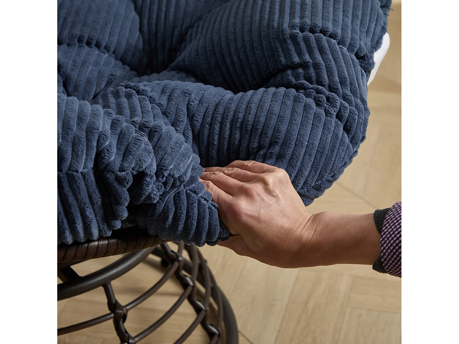 Fauteuil pivotant Papasan avec assise ronde de 92 cm, coussin épais et structure acier