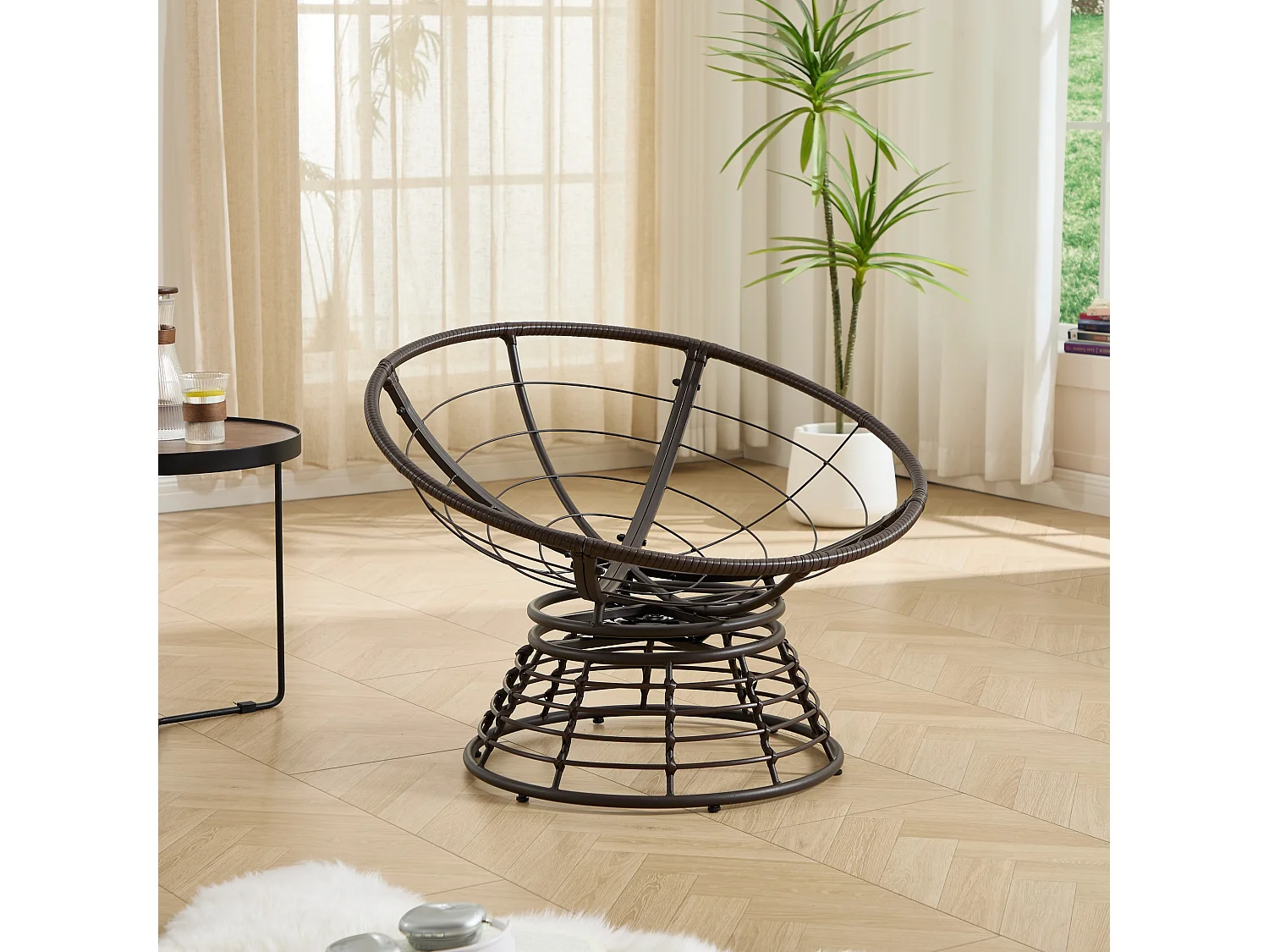 Fauteuil pivotant Papasan avec assise ronde de 92 cm, coussin épais et structure acier