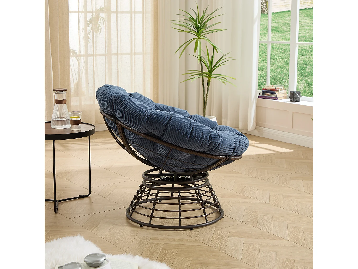 Fauteuil pivotant Papasan avec assise ronde de 92 cm, coussin épais et structure acier