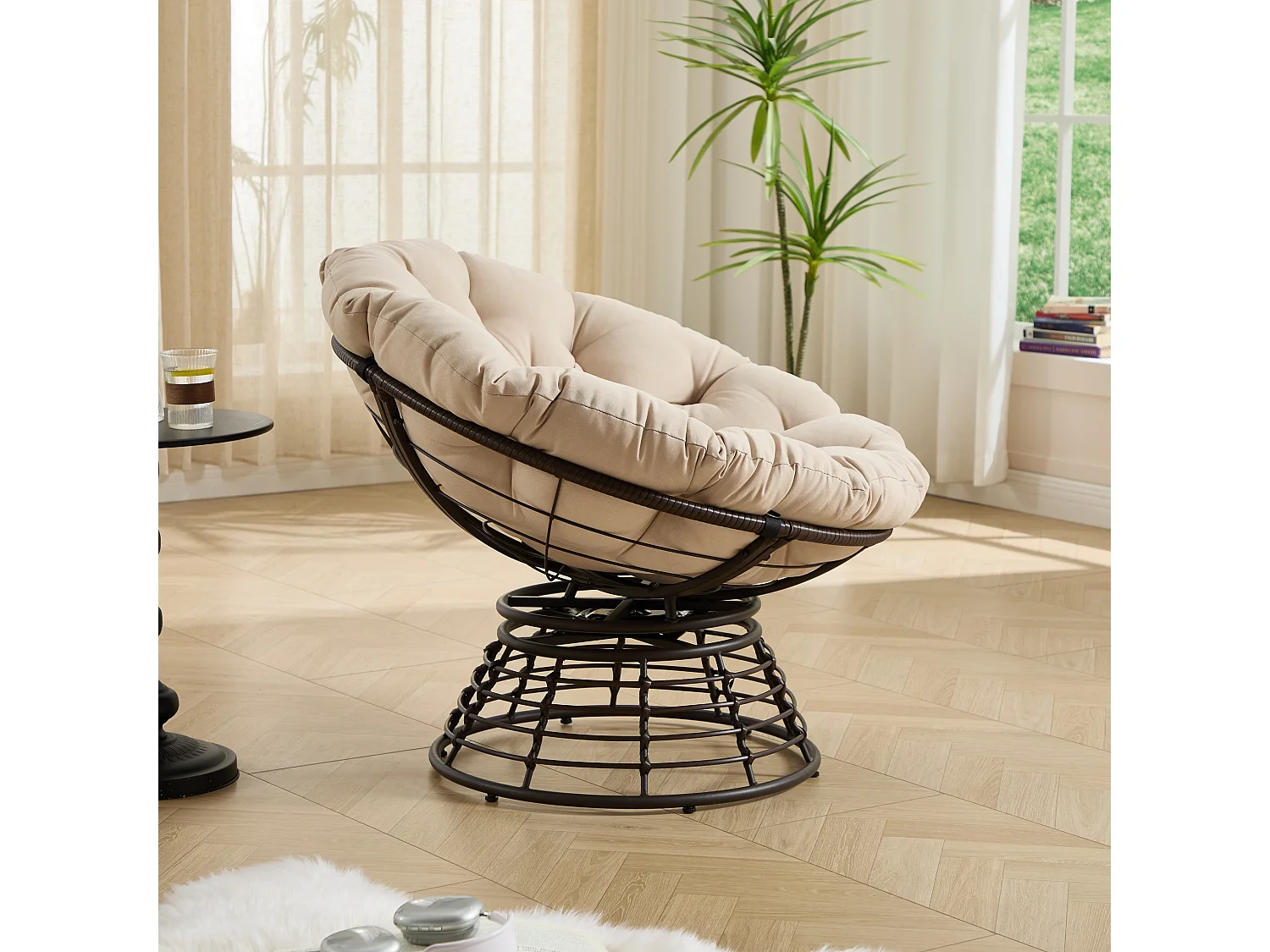 Fauteuil pivotant Papasan avec assise ronde de 92 cm, coussin épais et structure acier