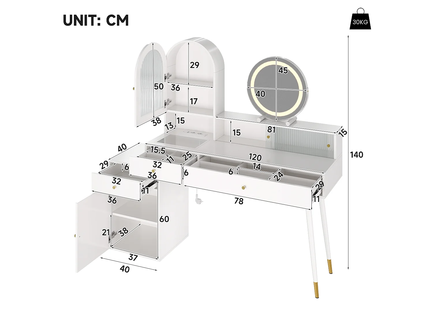 Kaptafel met LED-spiegel, stopcontacten, USB/USB-C, 3 lades en 4 deuren – MDF en spaanplaat – 140 x 40 x 140 cm – Wit
