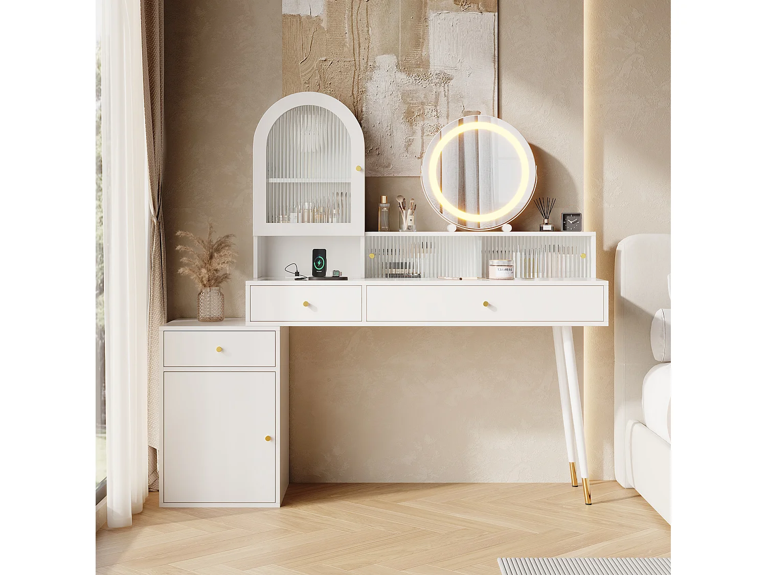 Kaptafel met LED-spiegel, stopcontacten, USB/USB-C, 3 lades en 4 deuren – MDF en spaanplaat – 140 x 40 x 140 cm – Wit