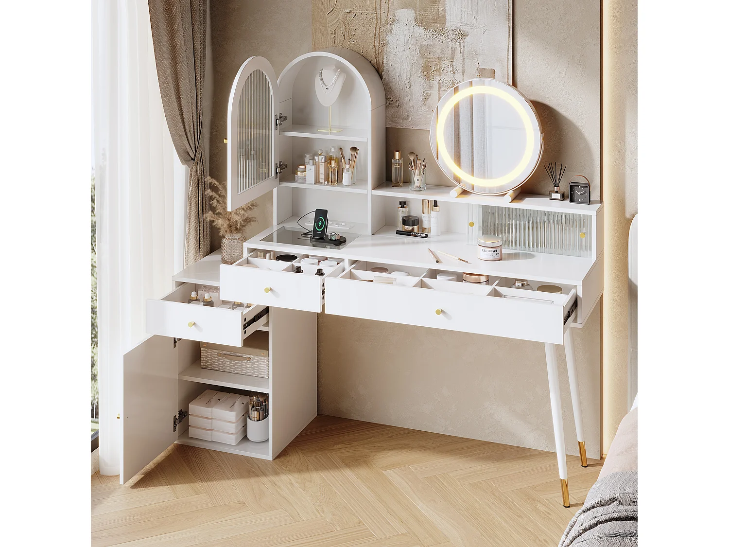Kaptafel met LED-spiegel, stopcontacten, USB/USB-C, 3 lades en 4 deuren – MDF en spaanplaat – 140 x 40 x 140 cm – Wit