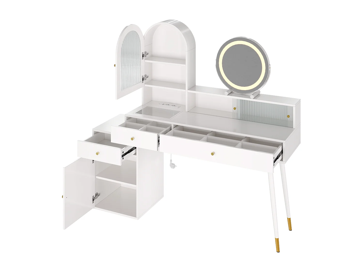 Kaptafel met LED-spiegel, stopcontacten, USB/USB-C, 3 lades en 4 deuren – MDF en spaanplaat – 140 x 40 x 140 cm – Wit