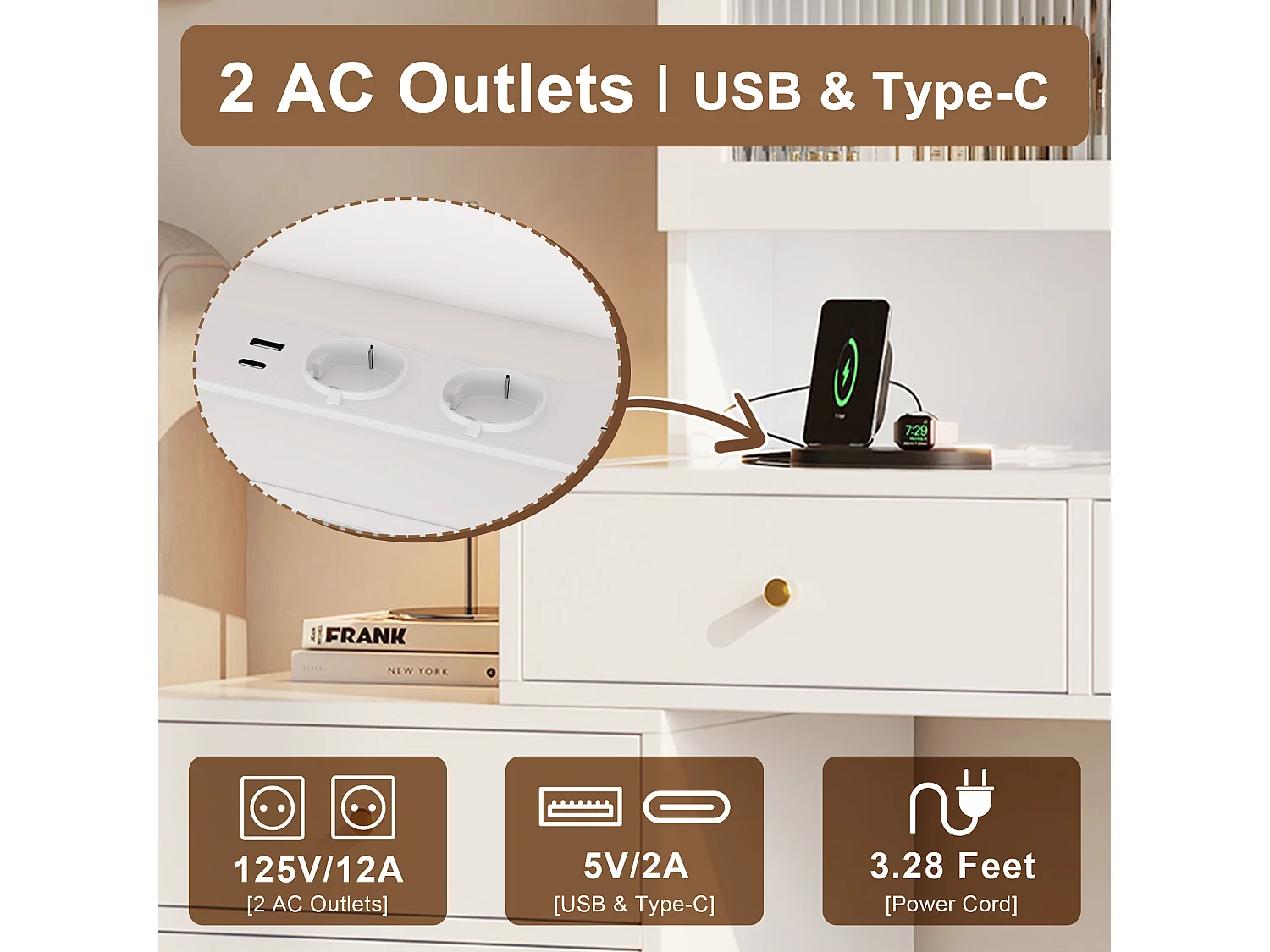 Kaptafel met LED-spiegel, stopcontacten, USB/USB-C, 3 lades en 4 deuren – MDF en spaanplaat – 140 x 40 x 140 cm – Wit