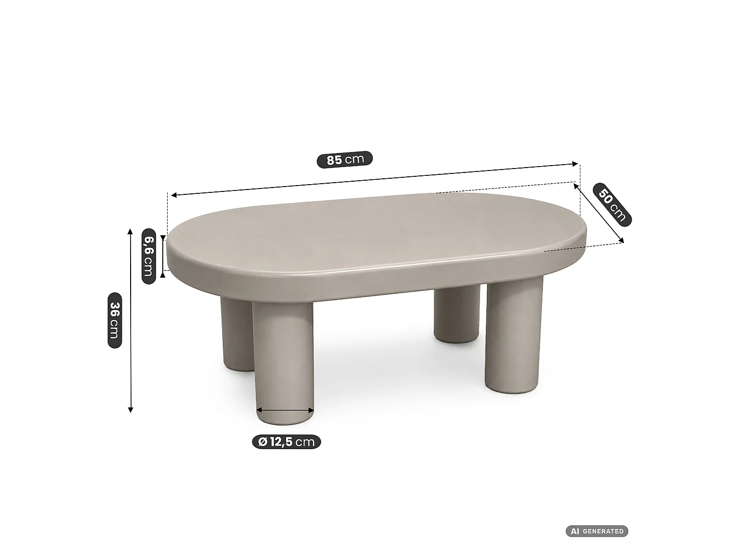 Ovaler Couchtisch MATE 85 cm Grau mit vier zylindrischen Beinen