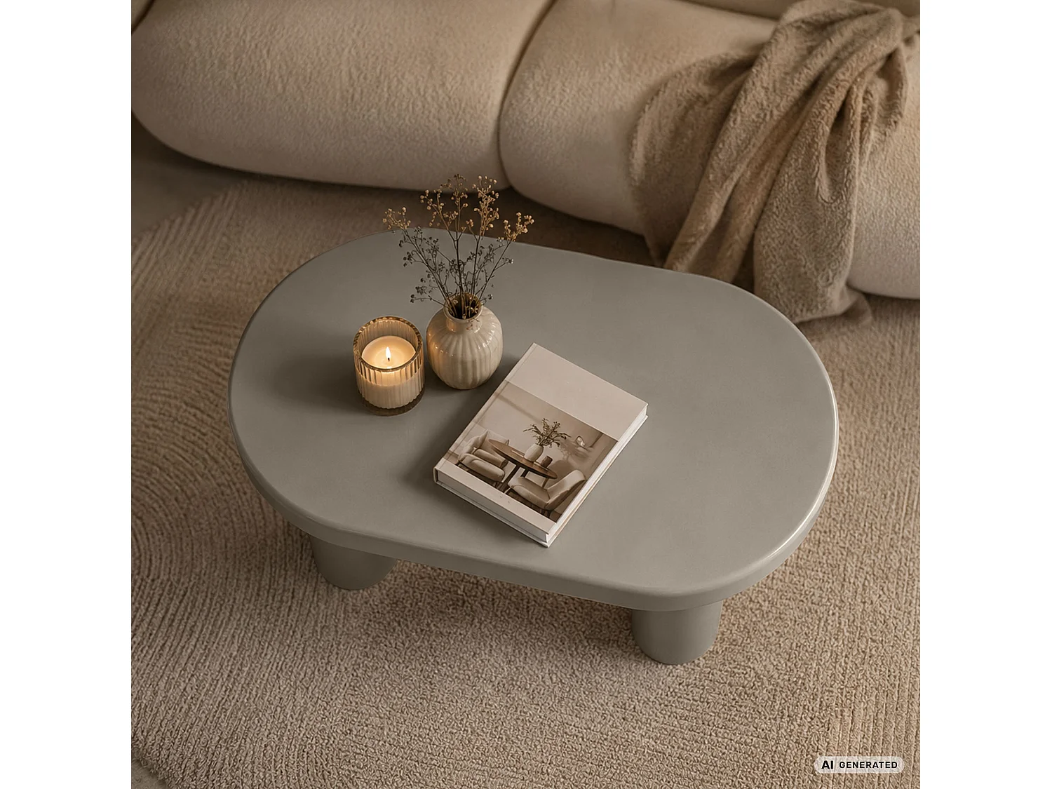 Ovaler Couchtisch MATE 85 cm Grau mit vier zylindrischen Beinen