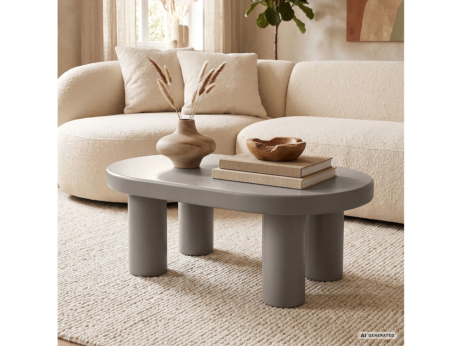 Ovaler Couchtisch MATE 85 cm Grau mit vier zylindrischen Beinen