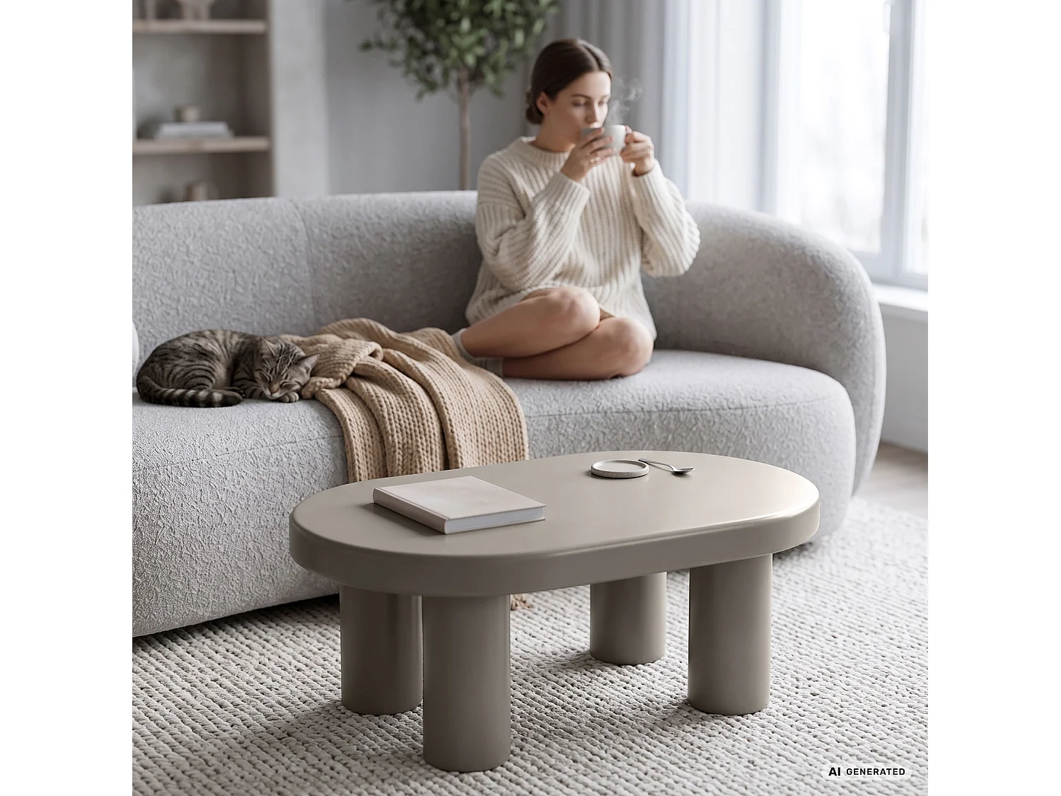 Ovaler Couchtisch MATE 85 cm Grau mit vier zylindrischen Beinen