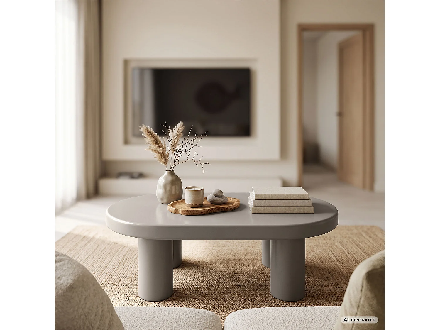 Ovaler Couchtisch MATE 85 cm Grau mit vier zylindrischen Beinen