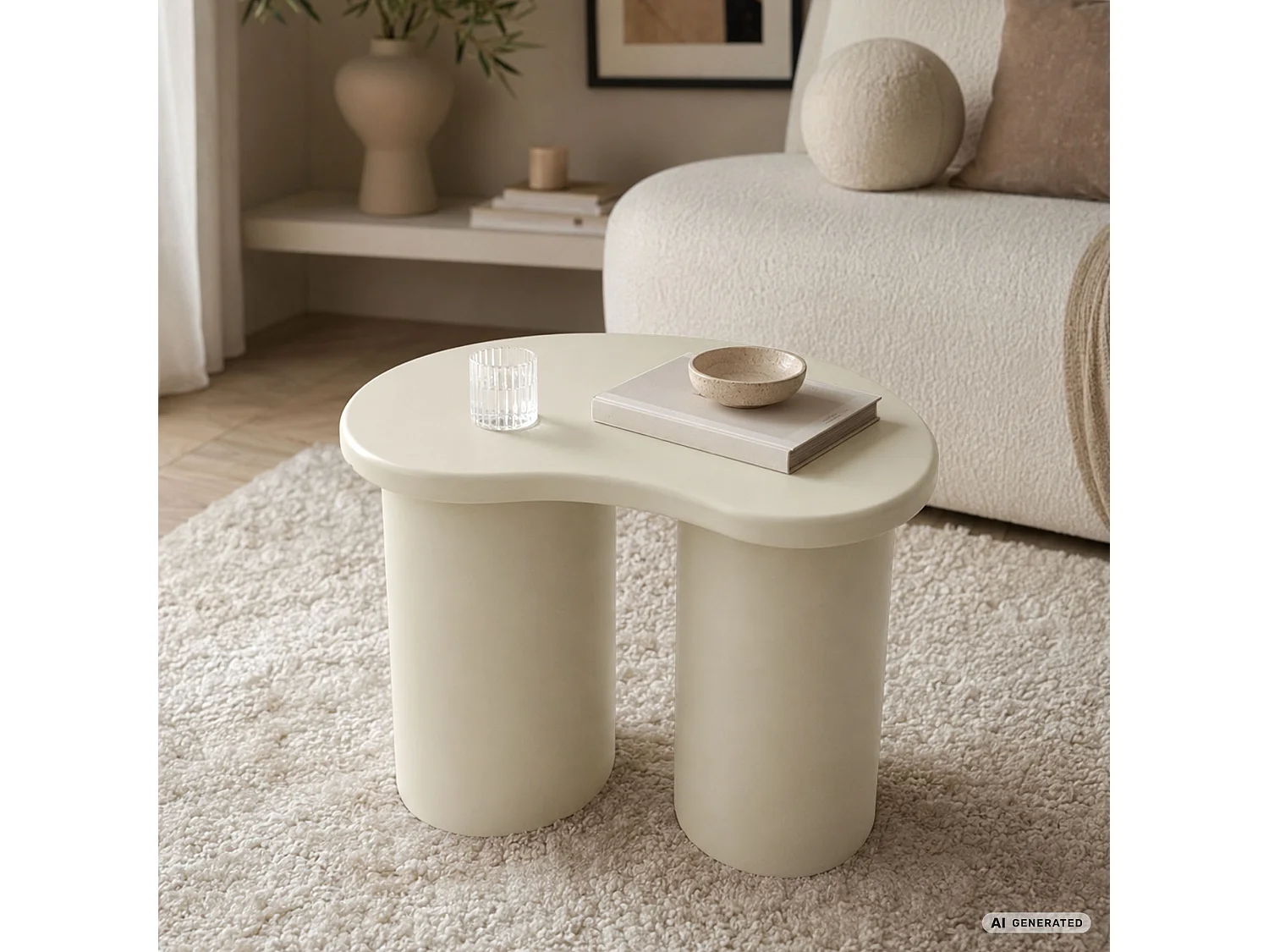 Moderner Couchtisch CUBE 41 cm Creme mit doppeltem zylindrischem Sockel