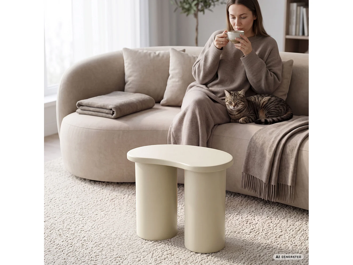Moderner Couchtisch CUBE 41 cm Creme mit doppeltem zylindrischem Sockel