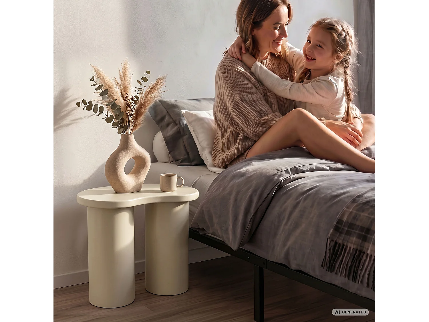 Moderner Couchtisch CUBE 41 cm Creme mit doppeltem zylindrischem Sockel