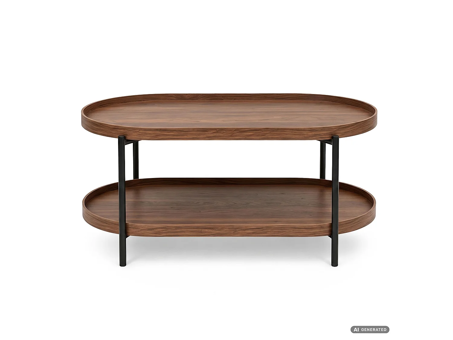 Table basse style loft CORTADO 90 cm ovale avec étagère noyer pieds noirs