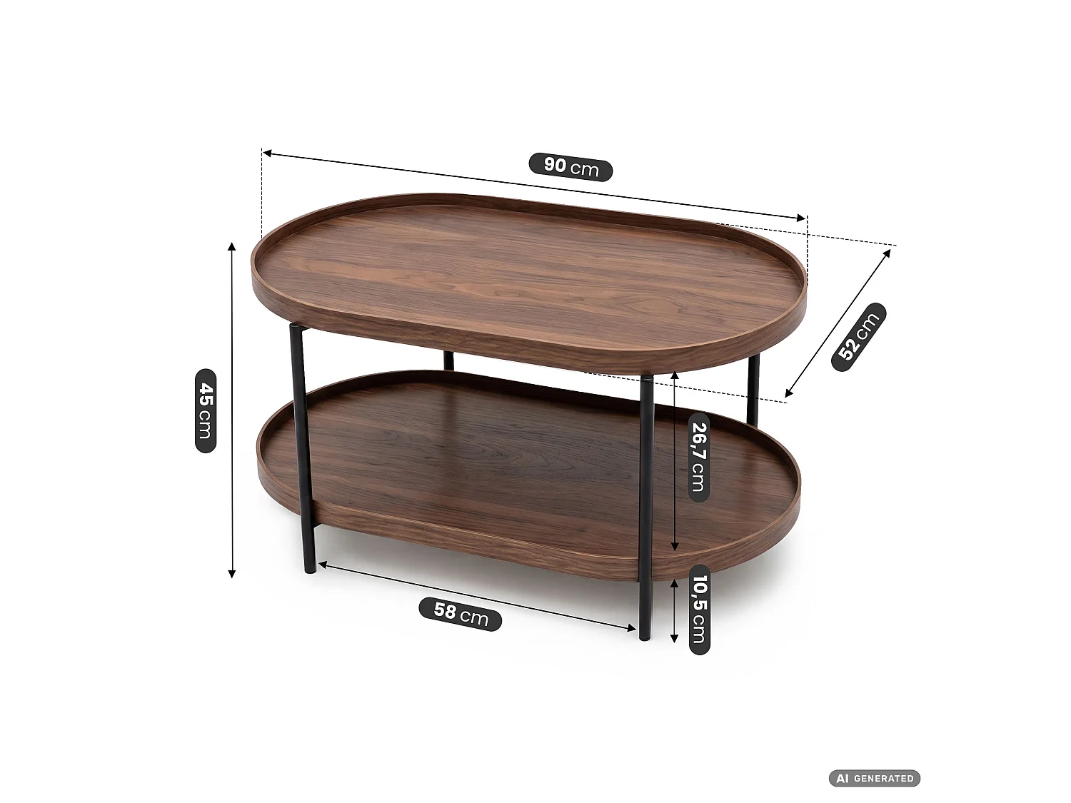 Table basse style loft CORTADO 90 cm ovale avec étagère noyer pieds noirs