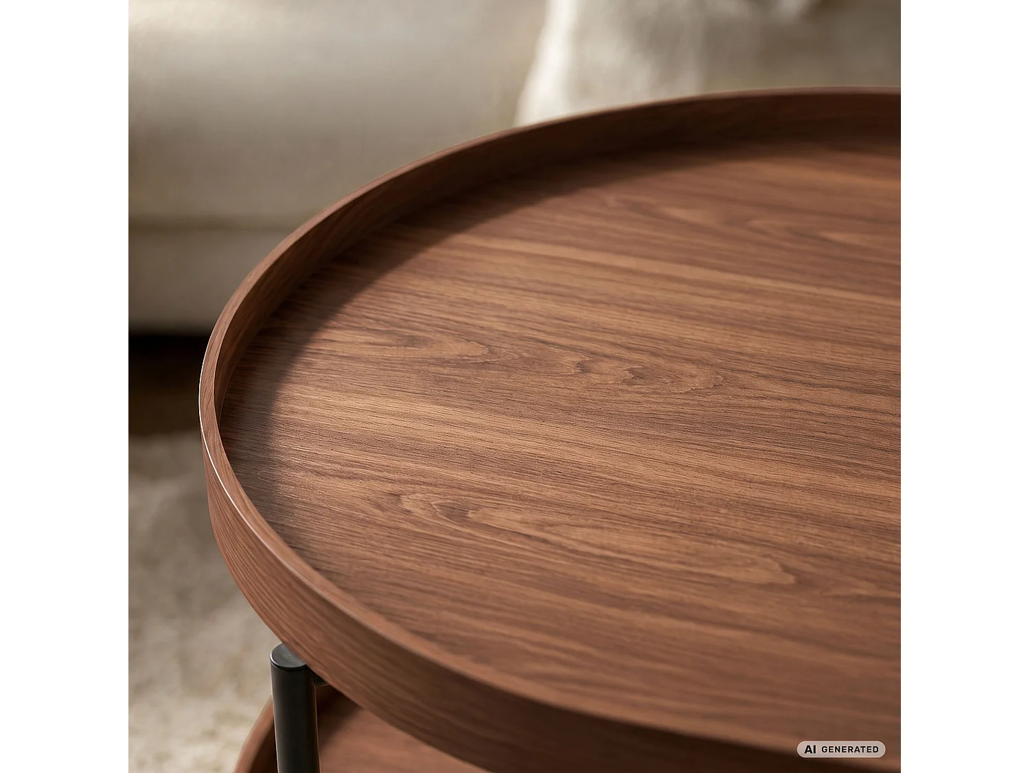 Table basse style loft CORTADO 90 cm ovale avec étagère noyer pieds noirs