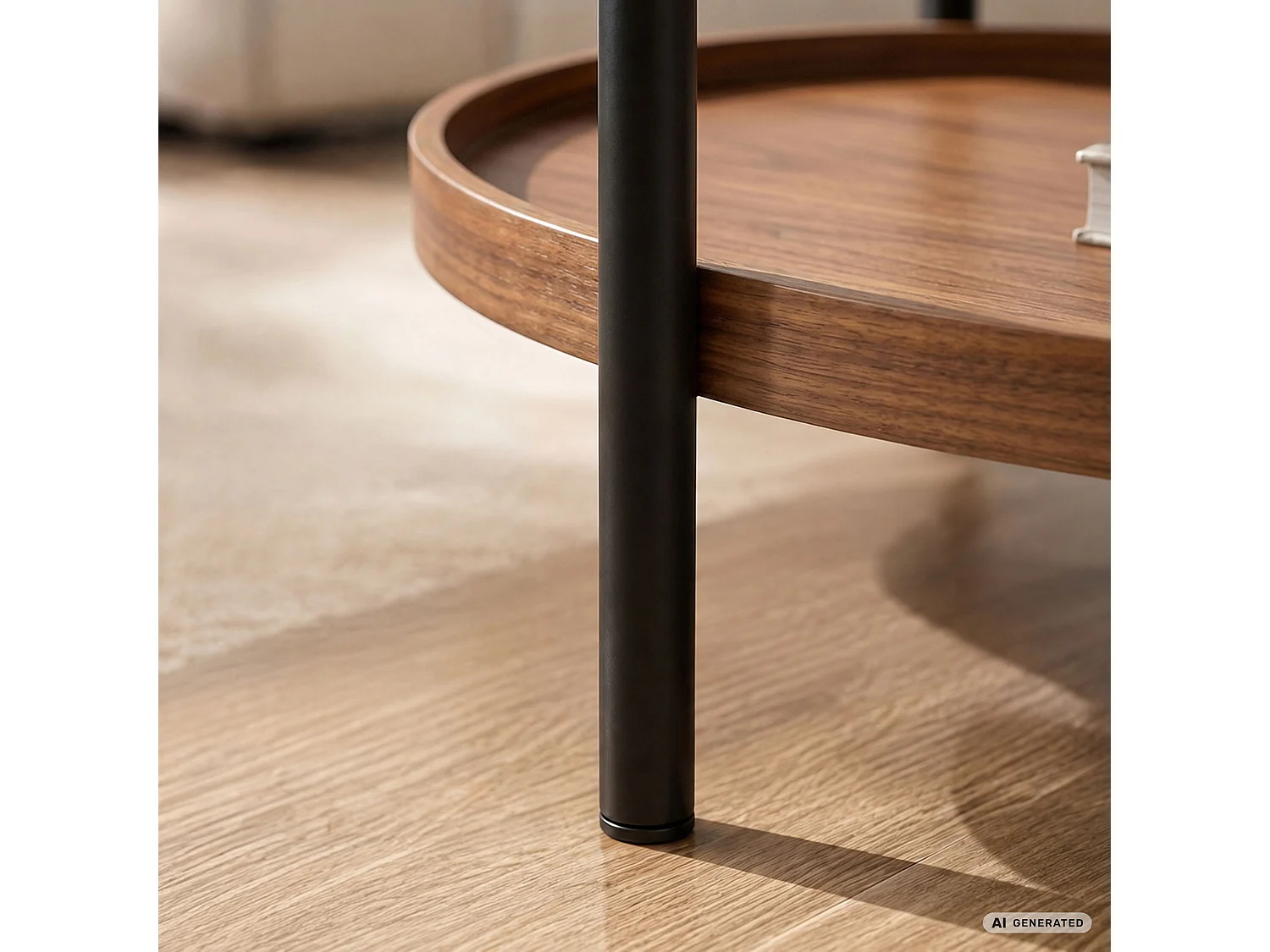 Table basse style loft CORTADO 90 cm ovale avec étagère noyer pieds noirs