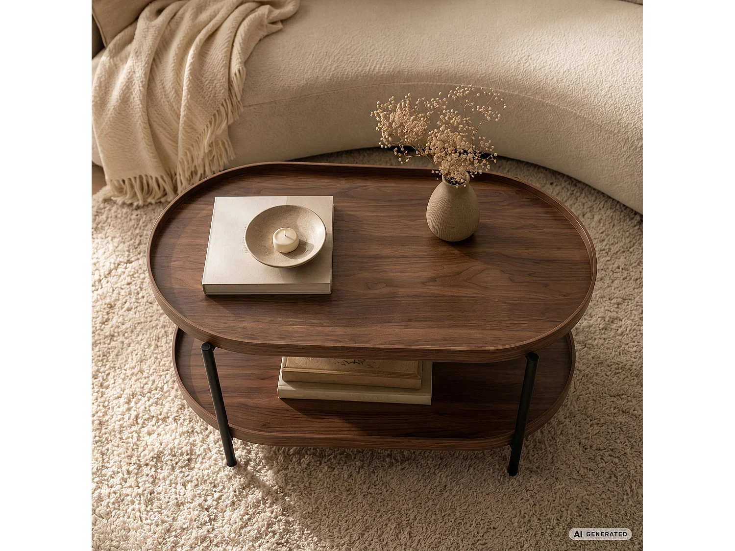 Table basse style loft CORTADO 90 cm ovale avec étagère noyer pieds noirs