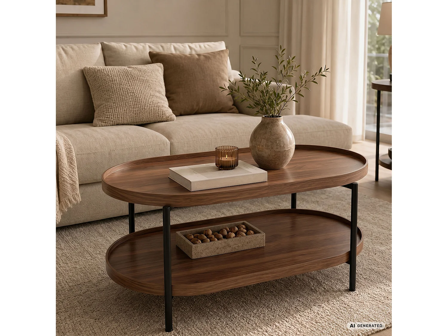 Table basse style loft CORTADO 90 cm ovale avec étagère noyer pieds noirs