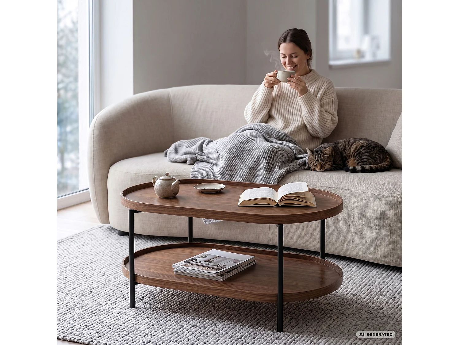 Table basse style loft CORTADO 90 cm ovale avec étagère noyer pieds noirs