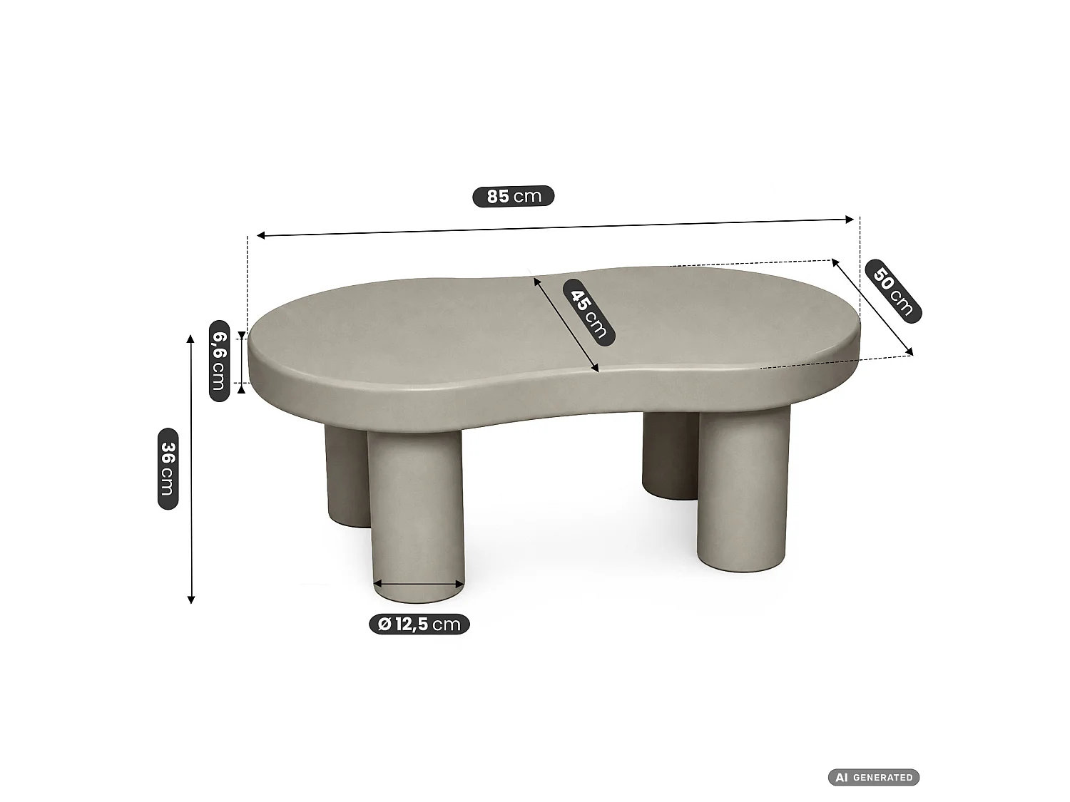 Ovaler Couchtisch MATCHA 85 cm Grau mit vier zylindrischen Beinen