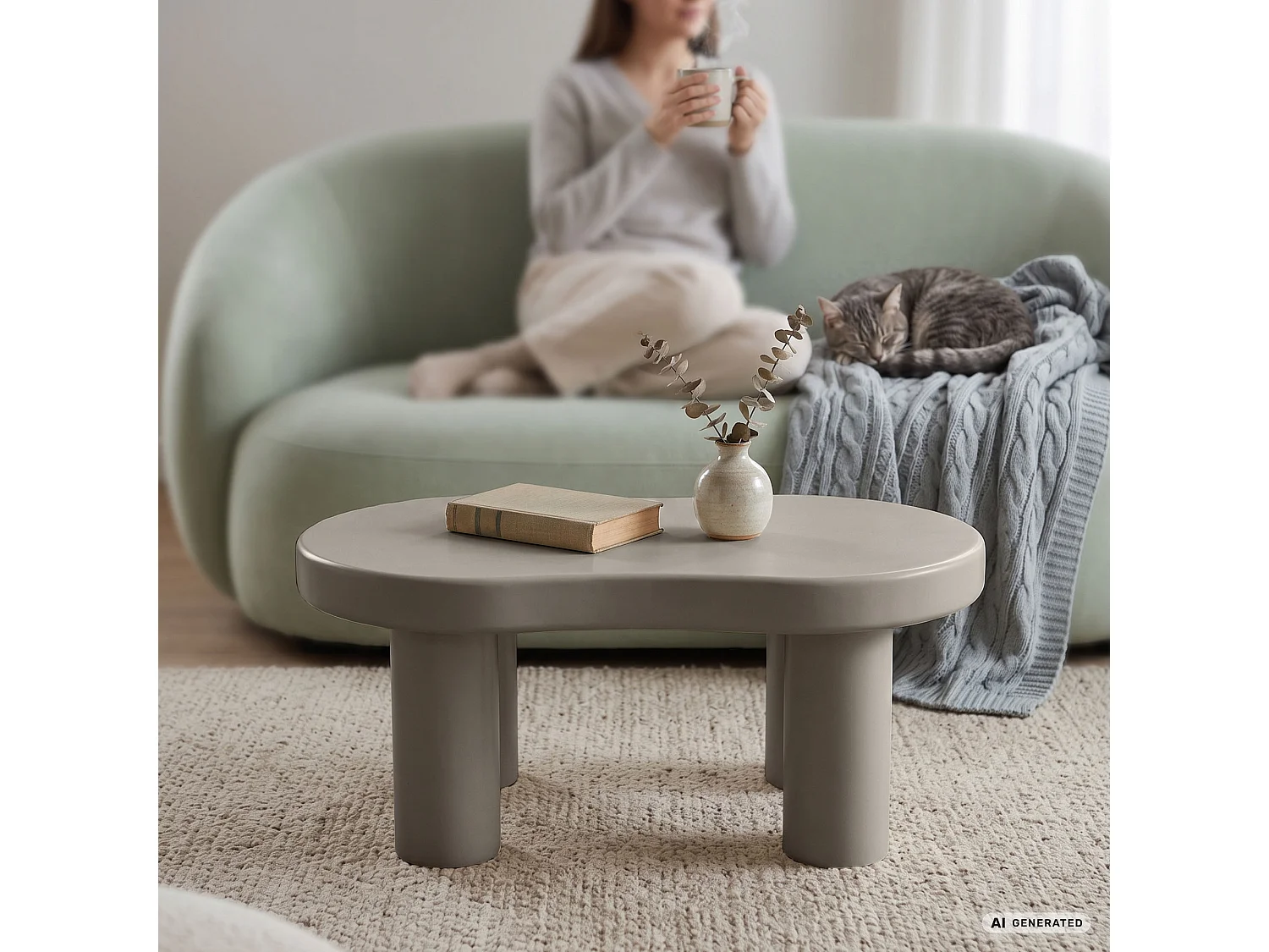 Ovaler Couchtisch MATCHA 85 cm Grau mit vier zylindrischen Beinen