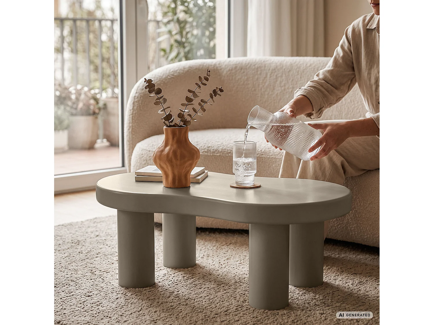 Ovaler Couchtisch MATCHA 85 cm Grau mit vier zylindrischen Beinen