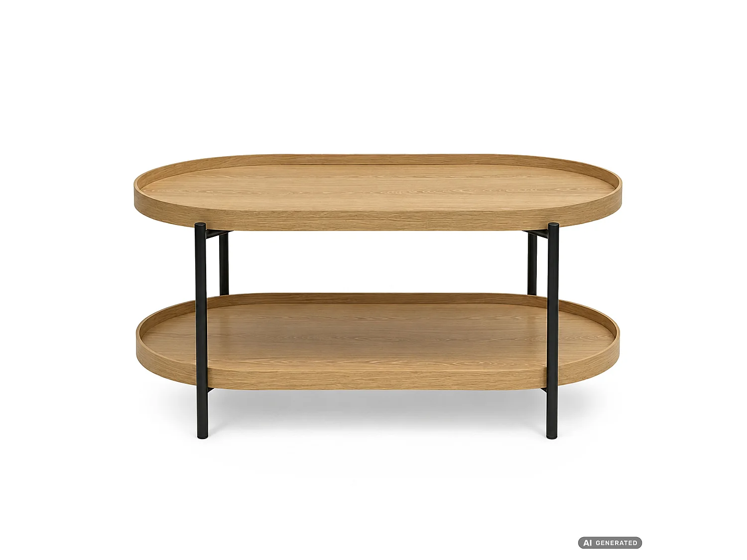 Table basse style loft CORTADO 90 cm ovale avec étagère bois naturel pieds noirs