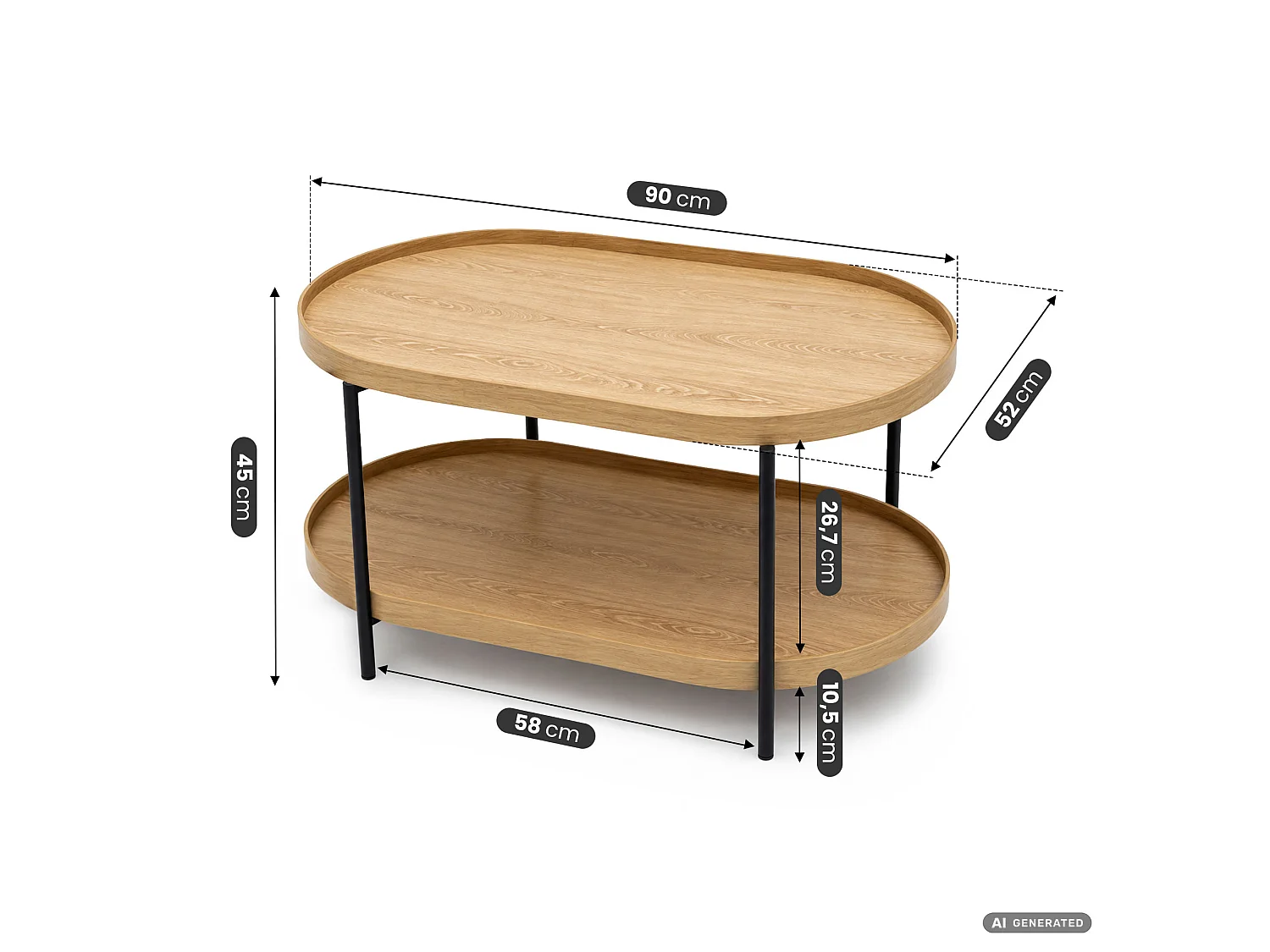 Table basse style loft CORTADO 90 cm ovale avec étagère bois naturel pieds noirs