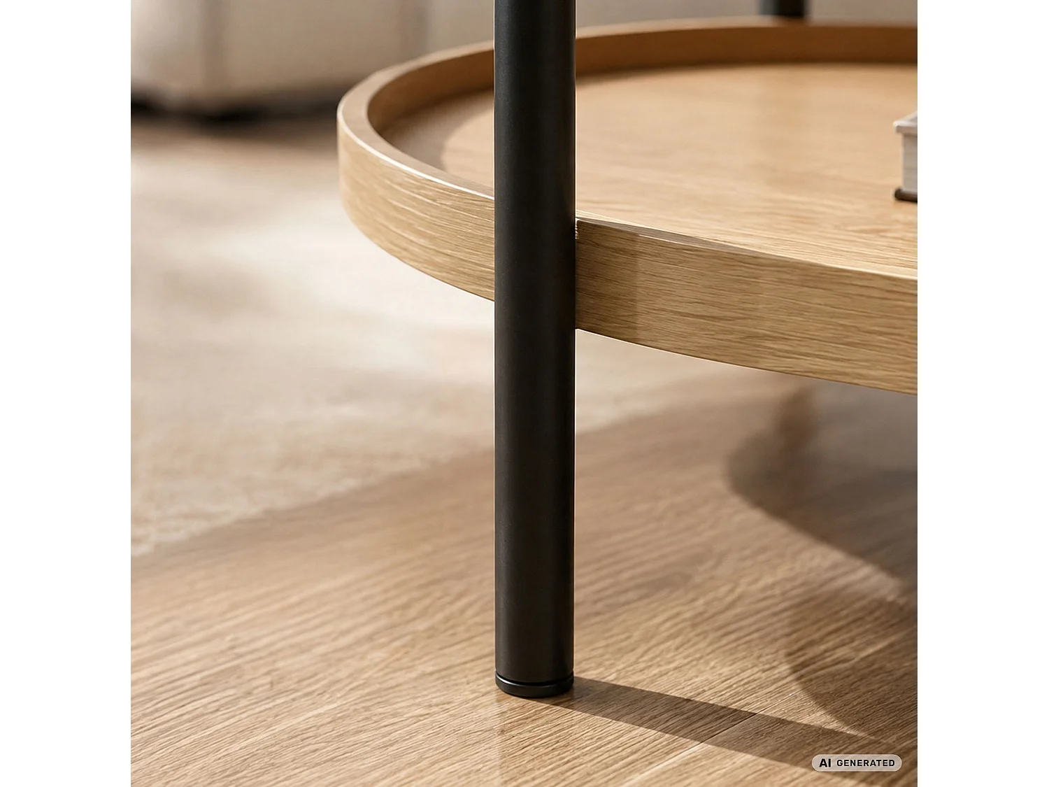 Table basse style loft CORTADO 90 cm ovale avec étagère bois naturel pieds noirs