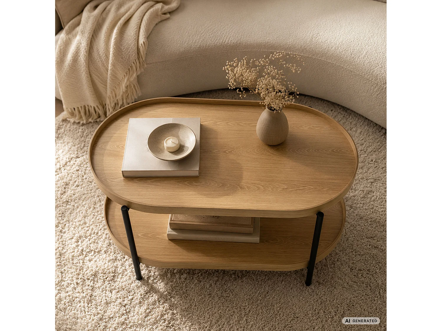 Table basse style loft CORTADO 90 cm ovale avec étagère bois naturel pieds noirs
