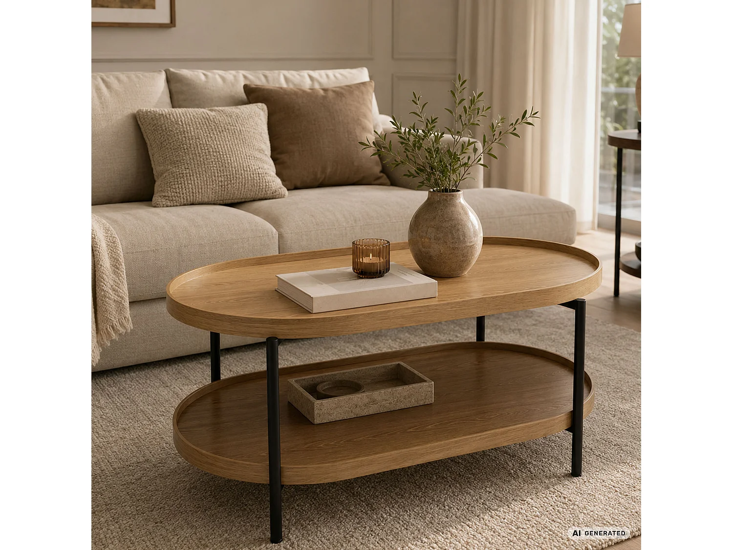 Table basse style loft CORTADO 90 cm ovale avec étagère bois naturel pieds noirs