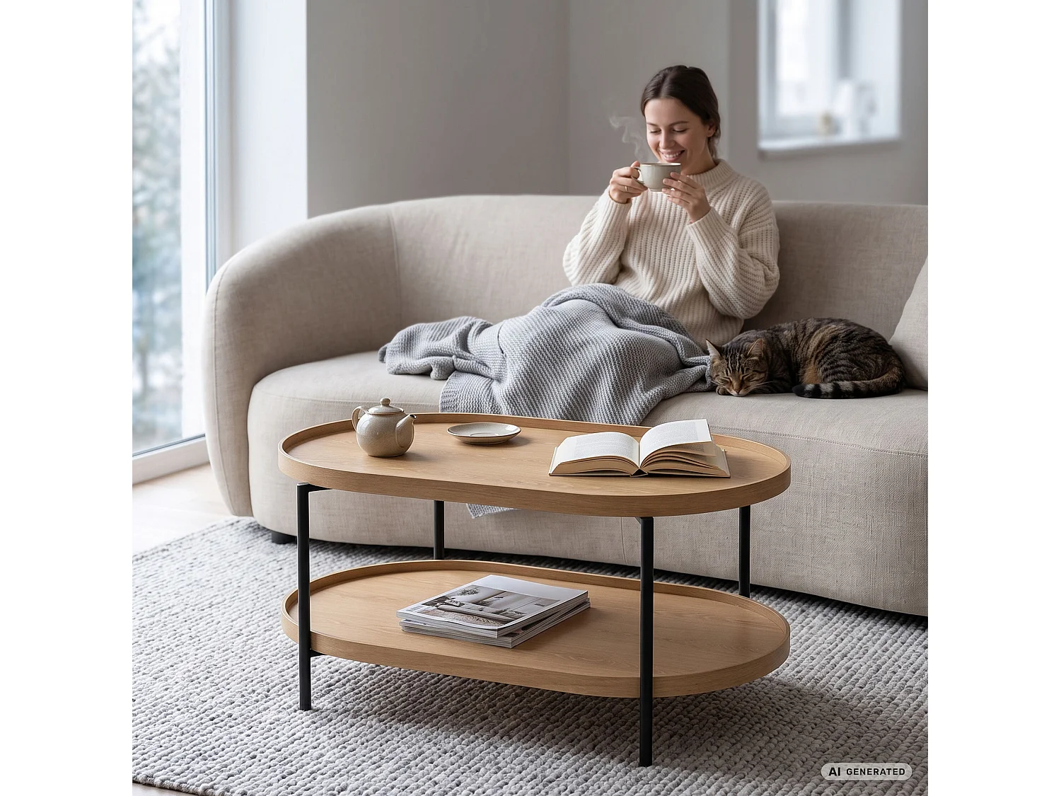Table basse style loft CORTADO 90 cm ovale avec étagère bois naturel pieds noirs