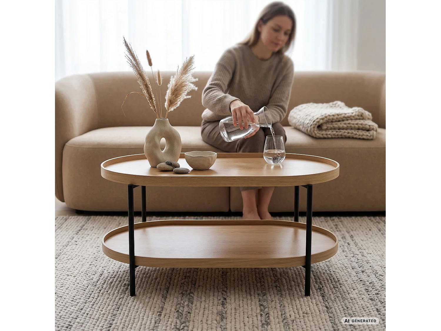 Table basse style loft CORTADO 90 cm ovale avec étagère bois naturel pieds noirs