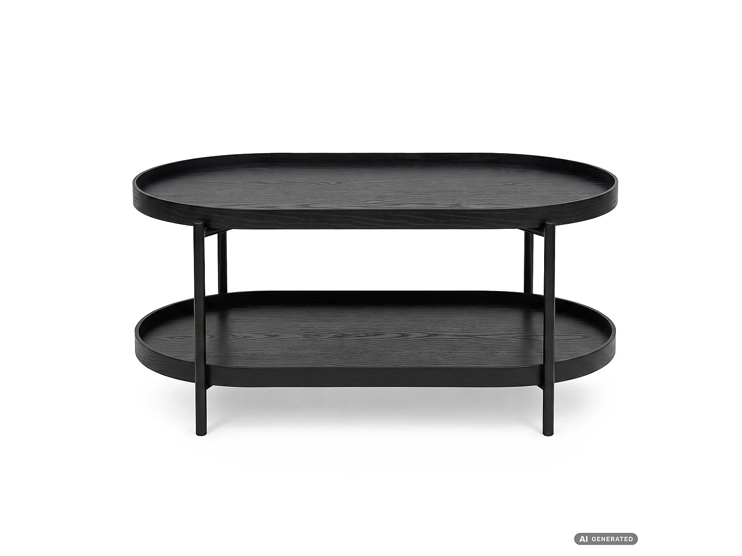 Table basse style loft CORTADO 90 cm ovale avec étagère noire pieds noirs