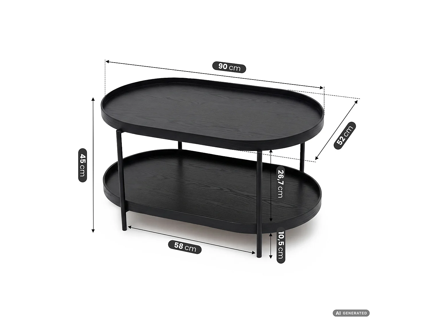 Table basse style loft CORTADO 90 cm ovale avec étagère noire pieds noirs