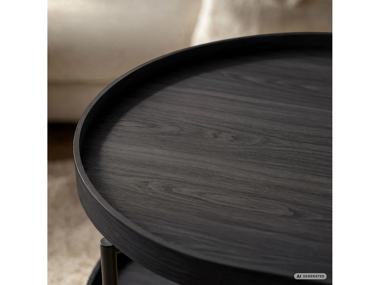 Table basse style loft CORTADO 90 cm ovale avec étagère noire pieds noirs