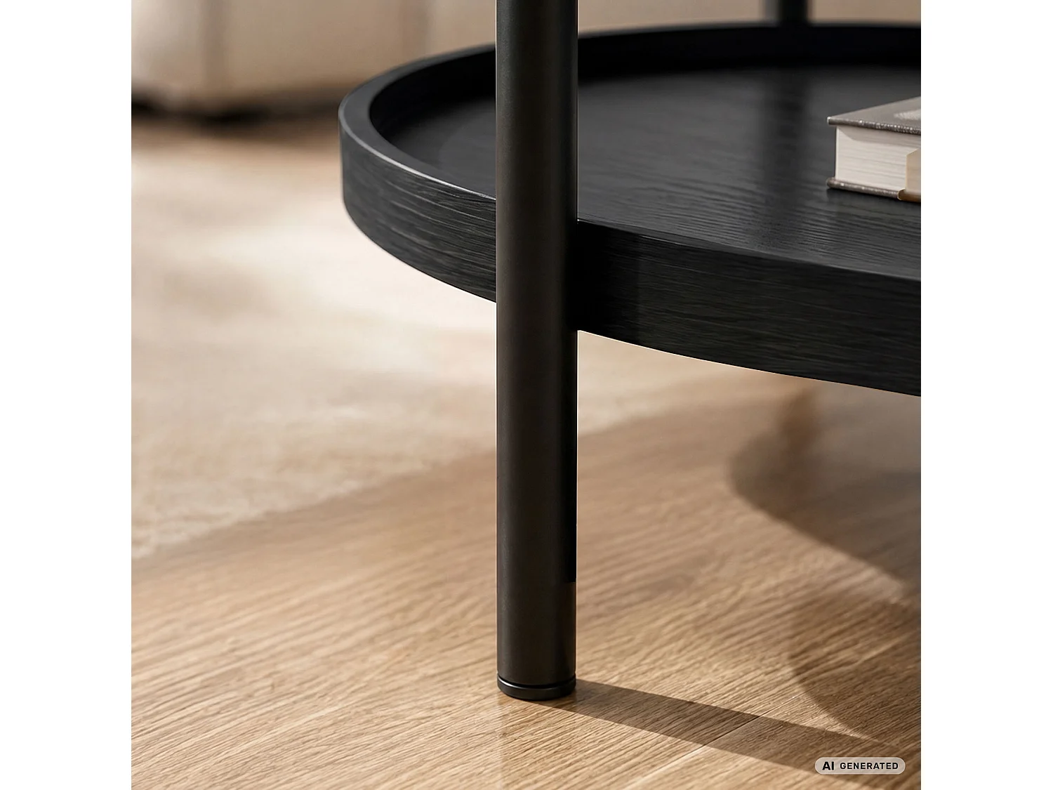 Table basse style loft CORTADO 90 cm ovale avec étagère noire pieds noirs
