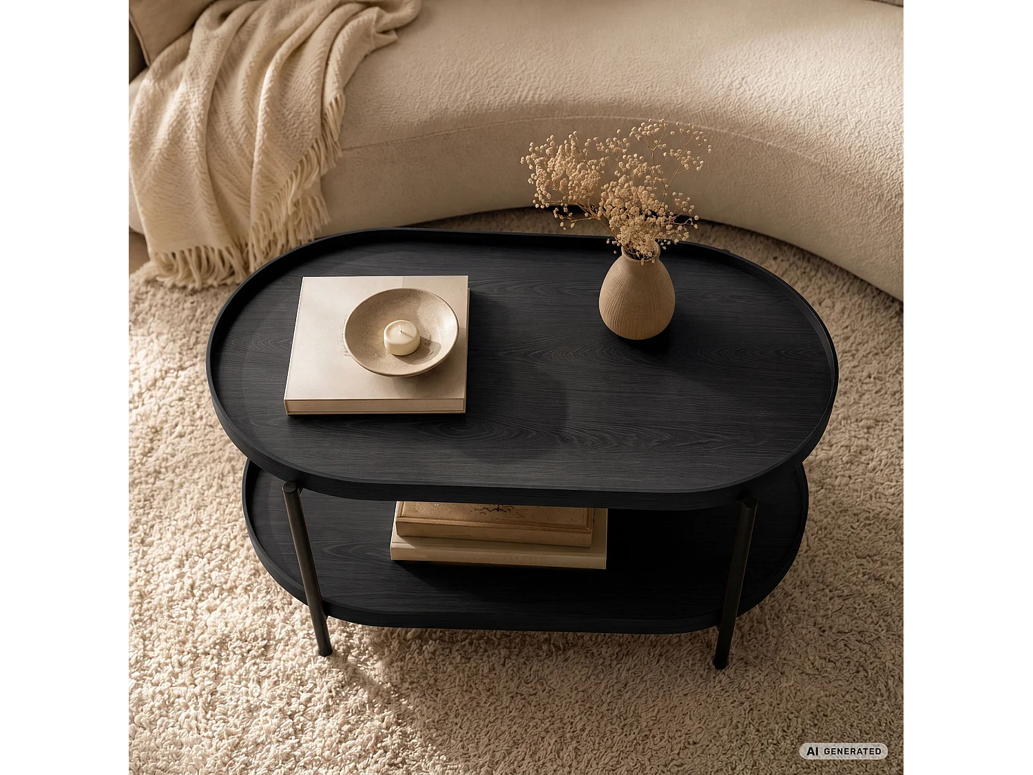 Table basse style loft CORTADO 90 cm ovale avec étagère noire pieds noirs