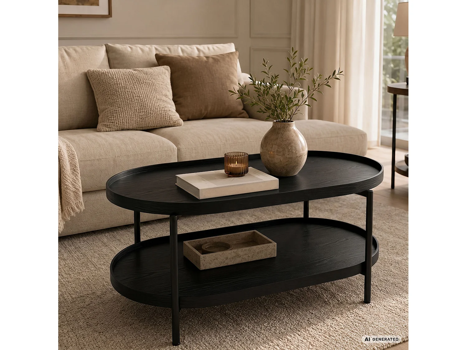 Table basse style loft CORTADO 90 cm ovale avec étagère noire pieds noirs