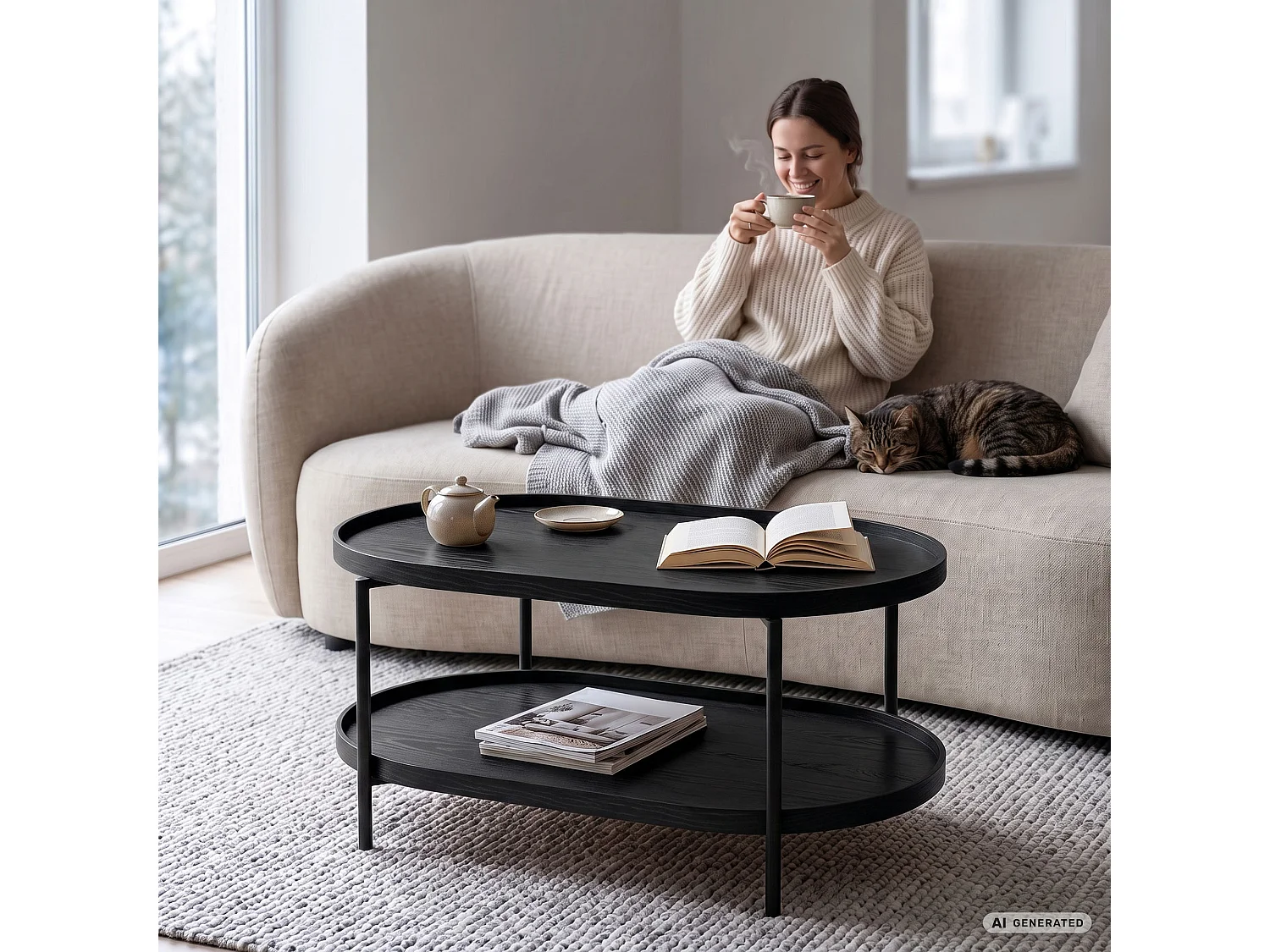 Table basse style loft CORTADO 90 cm ovale avec étagère noire pieds noirs