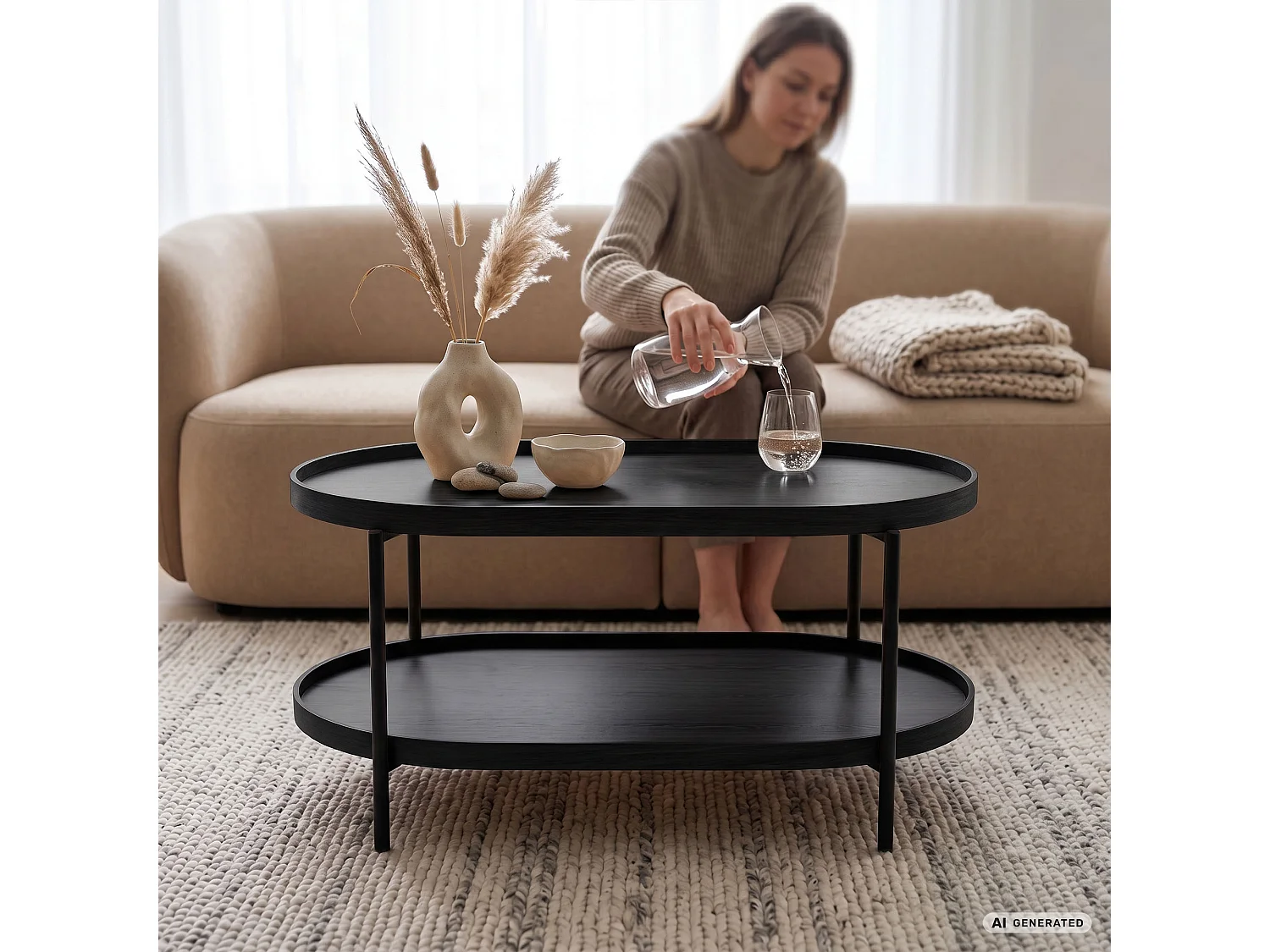 Table basse style loft CORTADO 90 cm ovale avec étagère noire pieds noirs