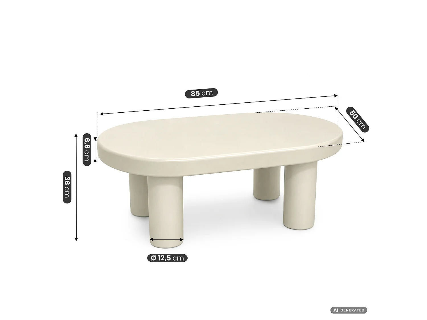 Table basse ovale MATE 85 cm crème avec quatre pieds cylindriques