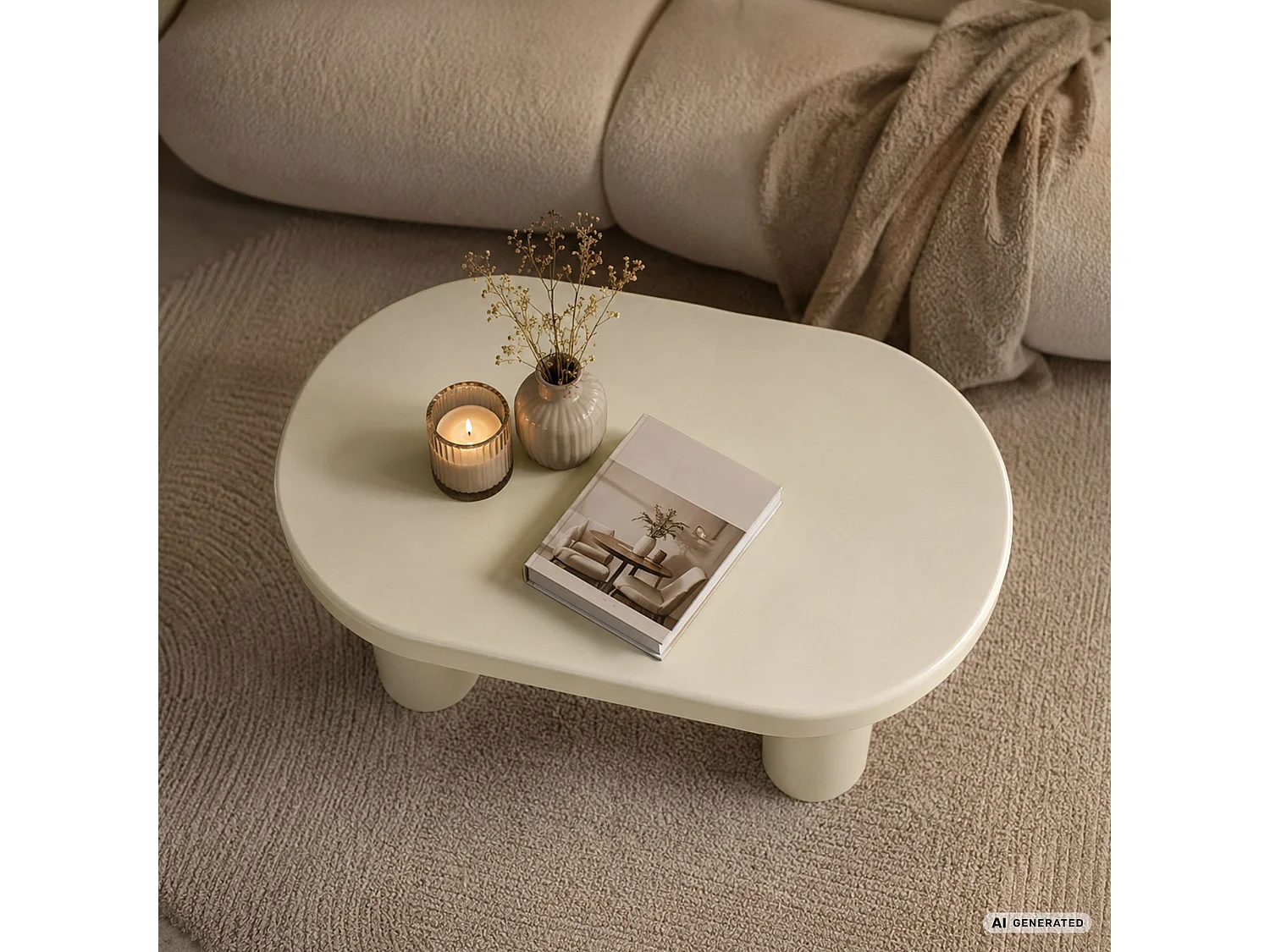 Table basse ovale MATE 85 cm crème avec quatre pieds cylindriques
