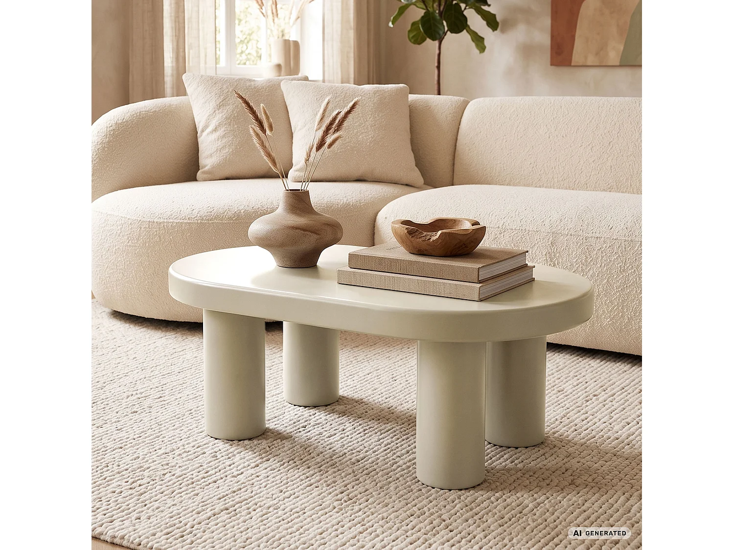 Table basse ovale MATE 85 cm crème avec quatre pieds cylindriques