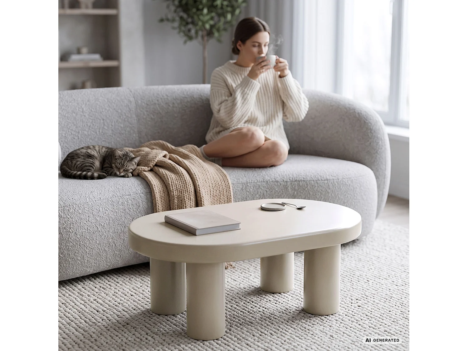 Table basse ovale MATE 85 cm crème avec quatre pieds cylindriques