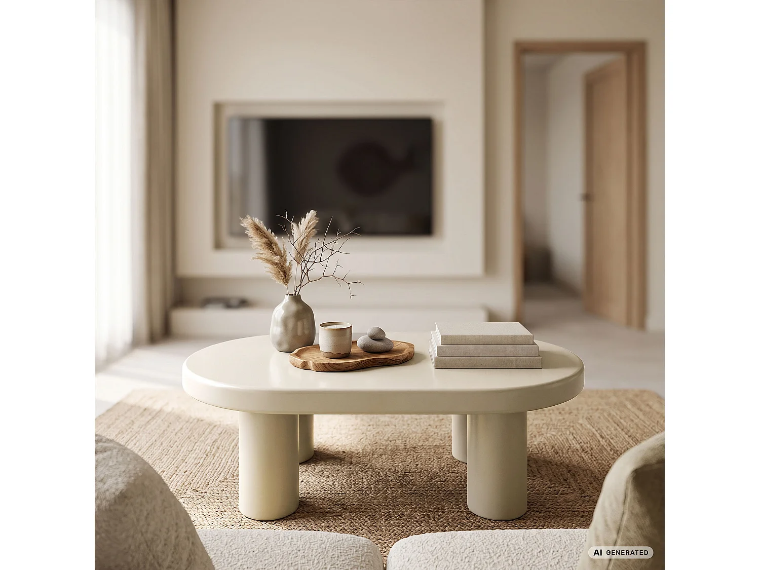 Table basse ovale MATE 85 cm crème avec quatre pieds cylindriques