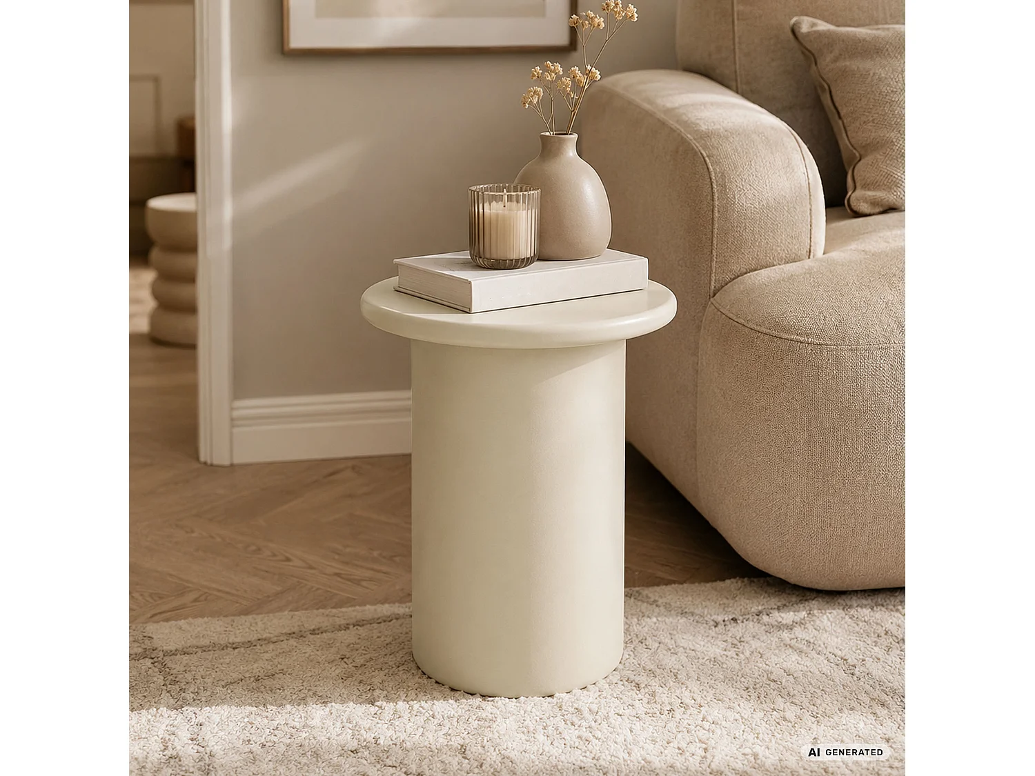 Runder Couchtisch MONO 30 cm Creme mit zylindrischem Sockel
